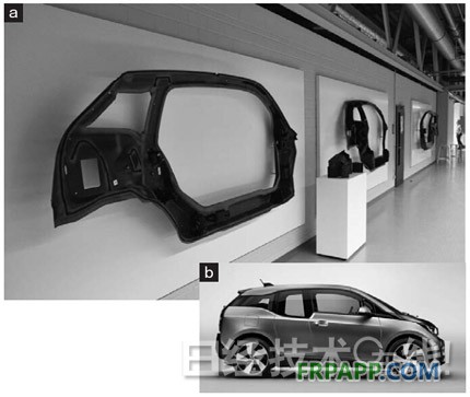圖2：寶馬的純電動(dòng)汽車“i3” i3的上部骨架采用熱固化CFRP制造。（a）為主要部件的外觀。碳纖維的顏色為黑色。（b）為i3的外觀。在日本的價(jià)格為499萬(wàn)日元（含稅）起，充滿電后的續(xù)航距離為229km（JC08模式）。